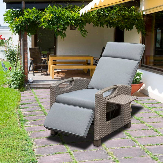 Outdoor Recliner Chair, Patio Recliner with Hand-Woven Wicker, Flip Table Push Back, Adjustable Angle, 6.8'' Thickness Cushions, Reclining Lounge Chair for Indoor and Outdoor, Gray