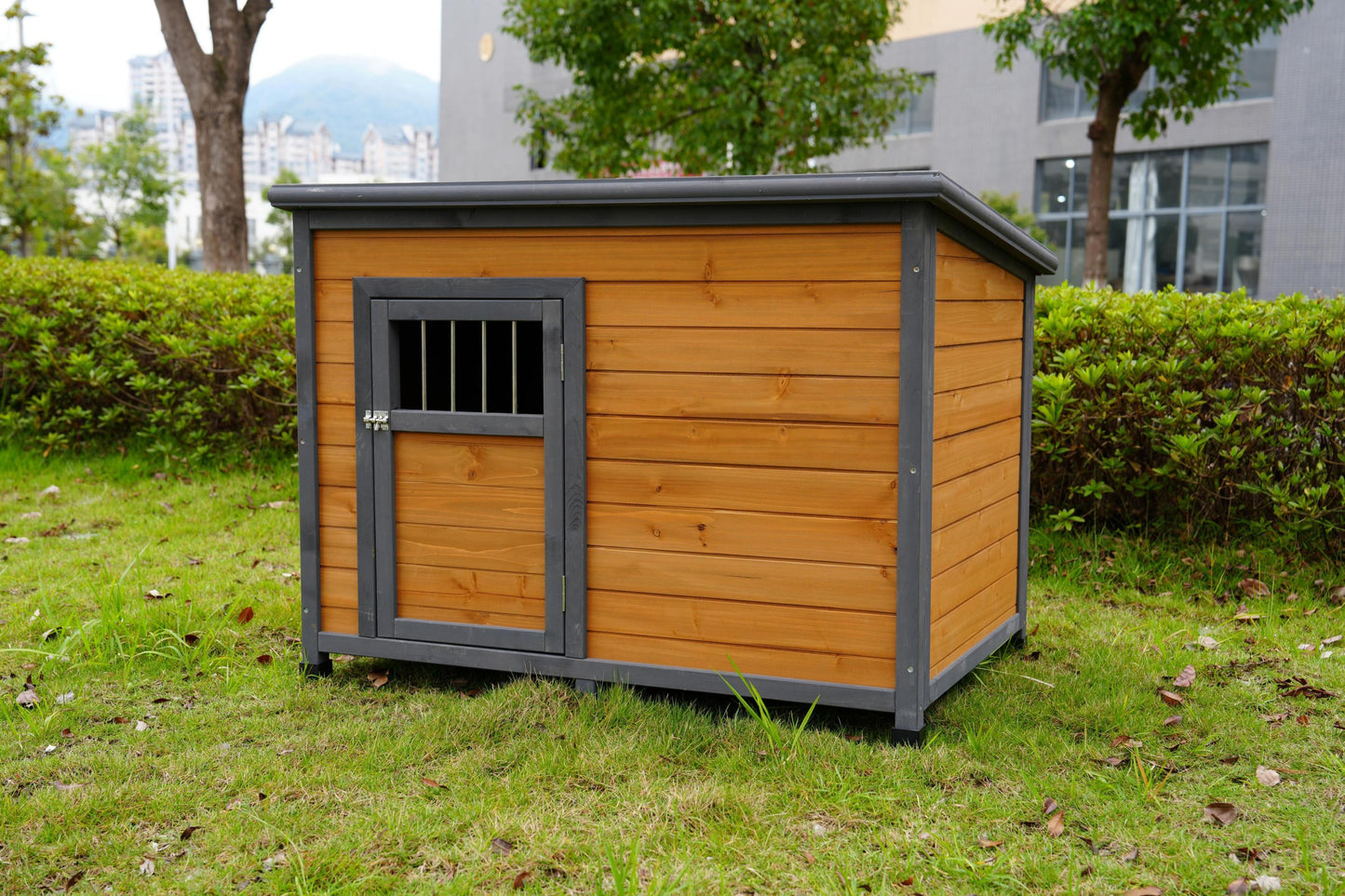 45"large solid wood dog house, waterproof PVC plastic roof, breathable wooden doors