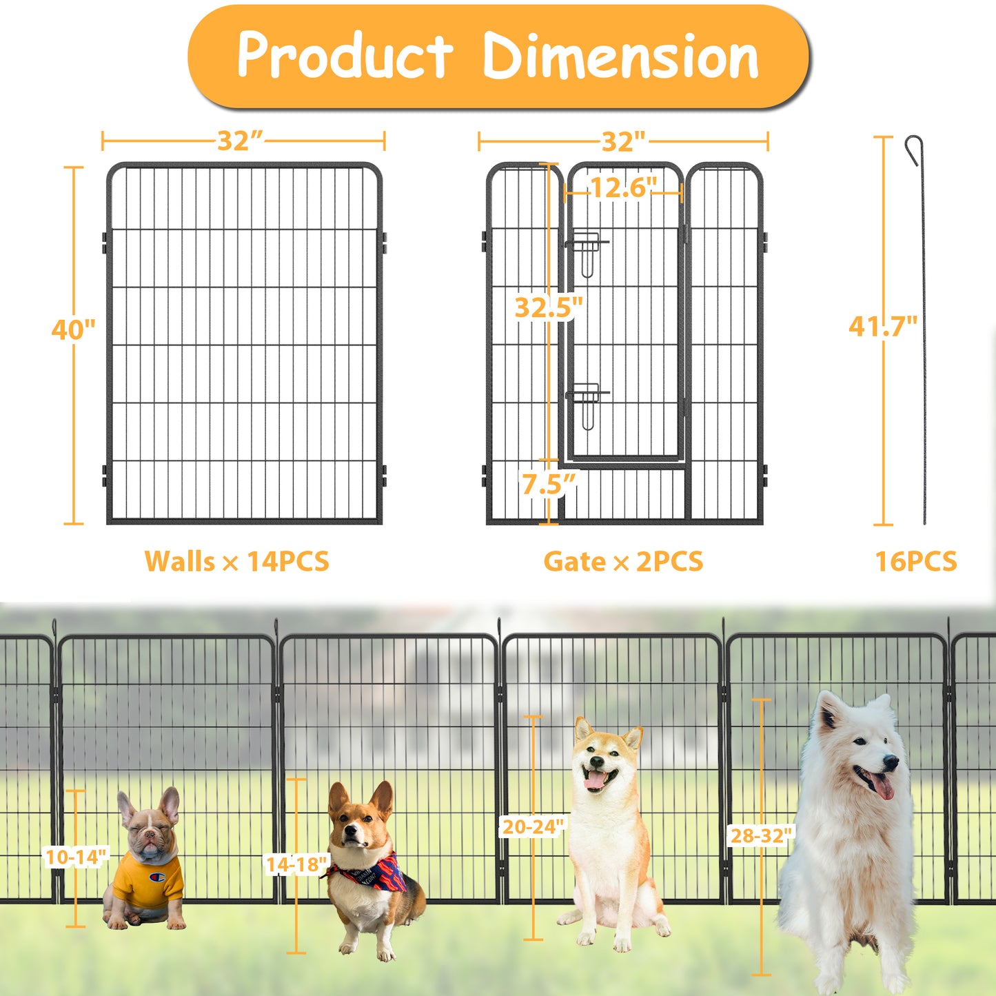 Dog Playpen Outdoor, 16 Panels Dog Pen 40" Height Dog Fence Exercise Pen with Doors for Large/Medium/Small Dogs, Portable Pet Playpen for Yard, RV, Camping, Hammer Paint Finish