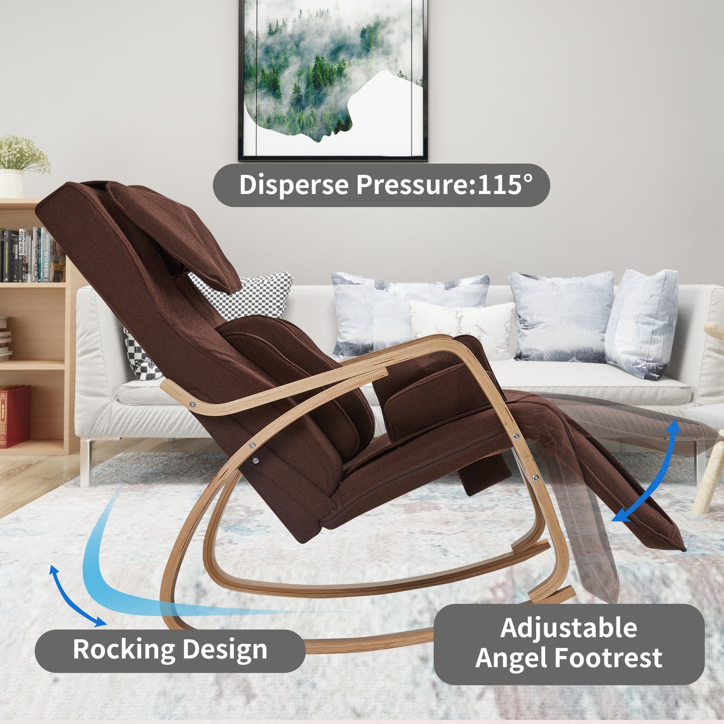 Full massage function-Air pressure-Comfortable Relax Rocking Chair, Lounge Chair Relax Chair with Cotton Fabric Cushion  Brown