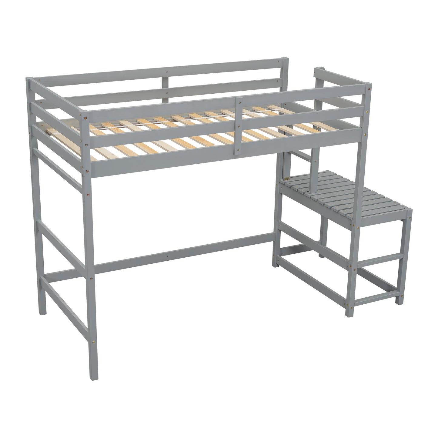 Twin Size High Loft Bed with Ladder landing Platform, Ladders, Guardrails,Grey