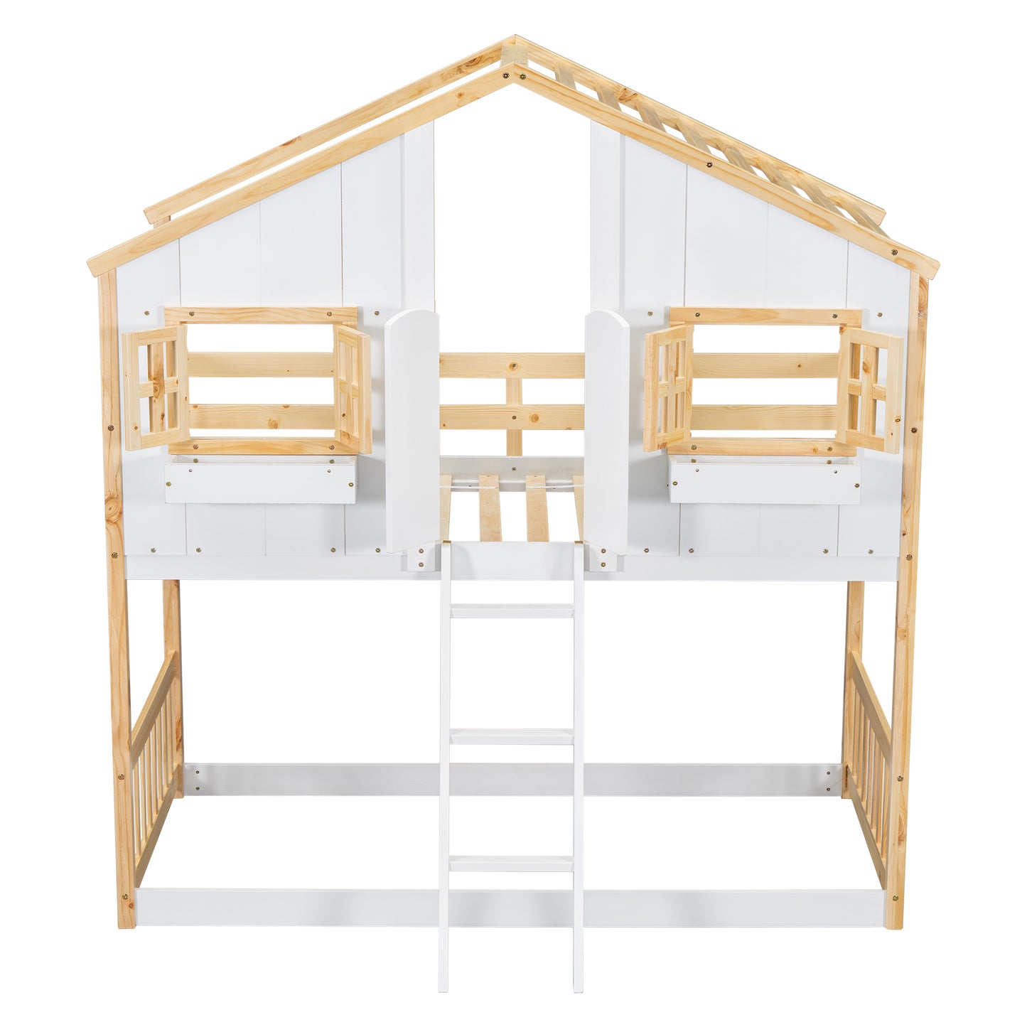 Twin over Twin House Bunk Bed with Roof , Window, Window  Box, Door , with Safety Guardrails and Ladder, Natural/White