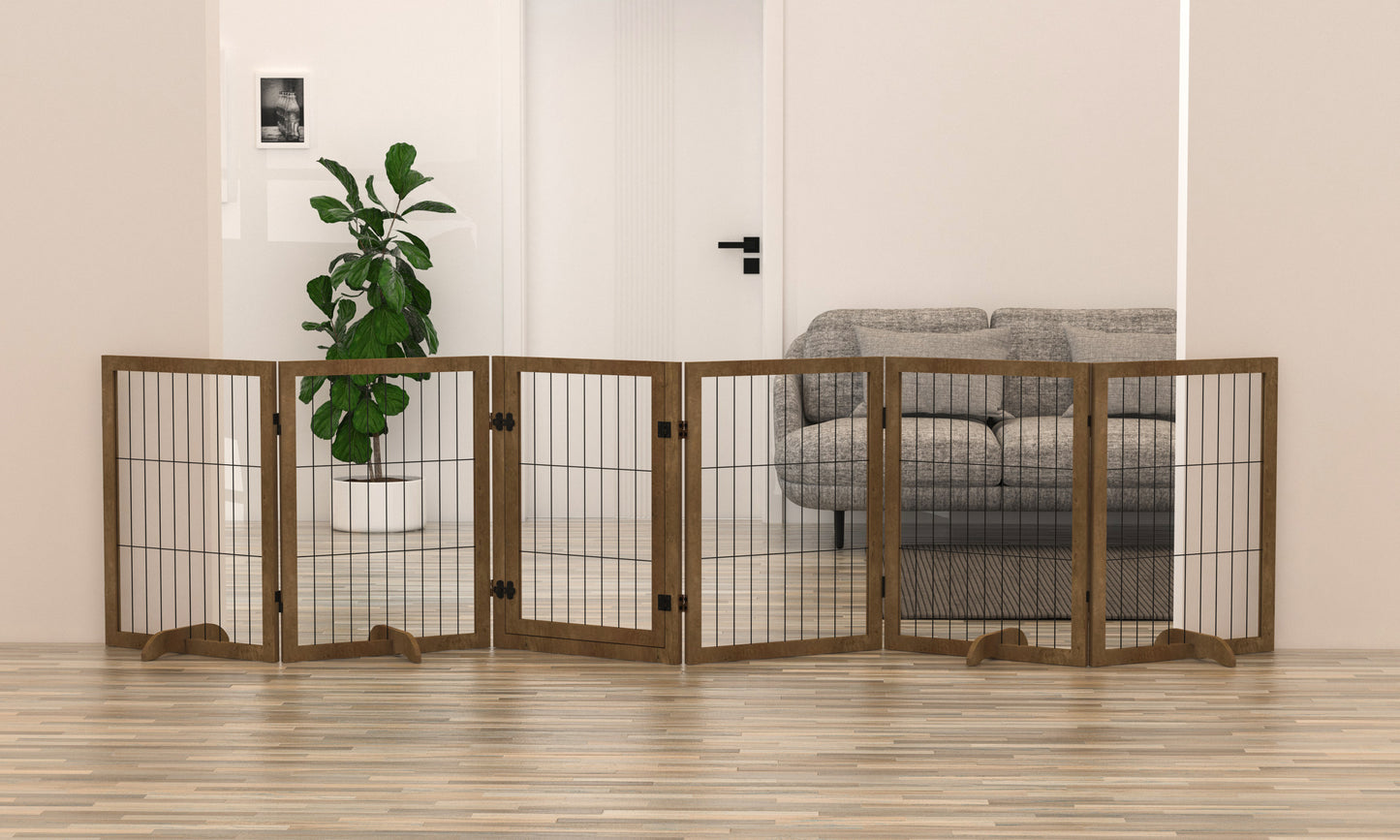 Dog Gate with Door Pet Dog Fence Barrier 6 Panels 144-inch Wide 32-inch Tall Foldable Multiple Shapes Freestanding with Support Feet Indoor Use for House Doorway Stairs Plant Stand