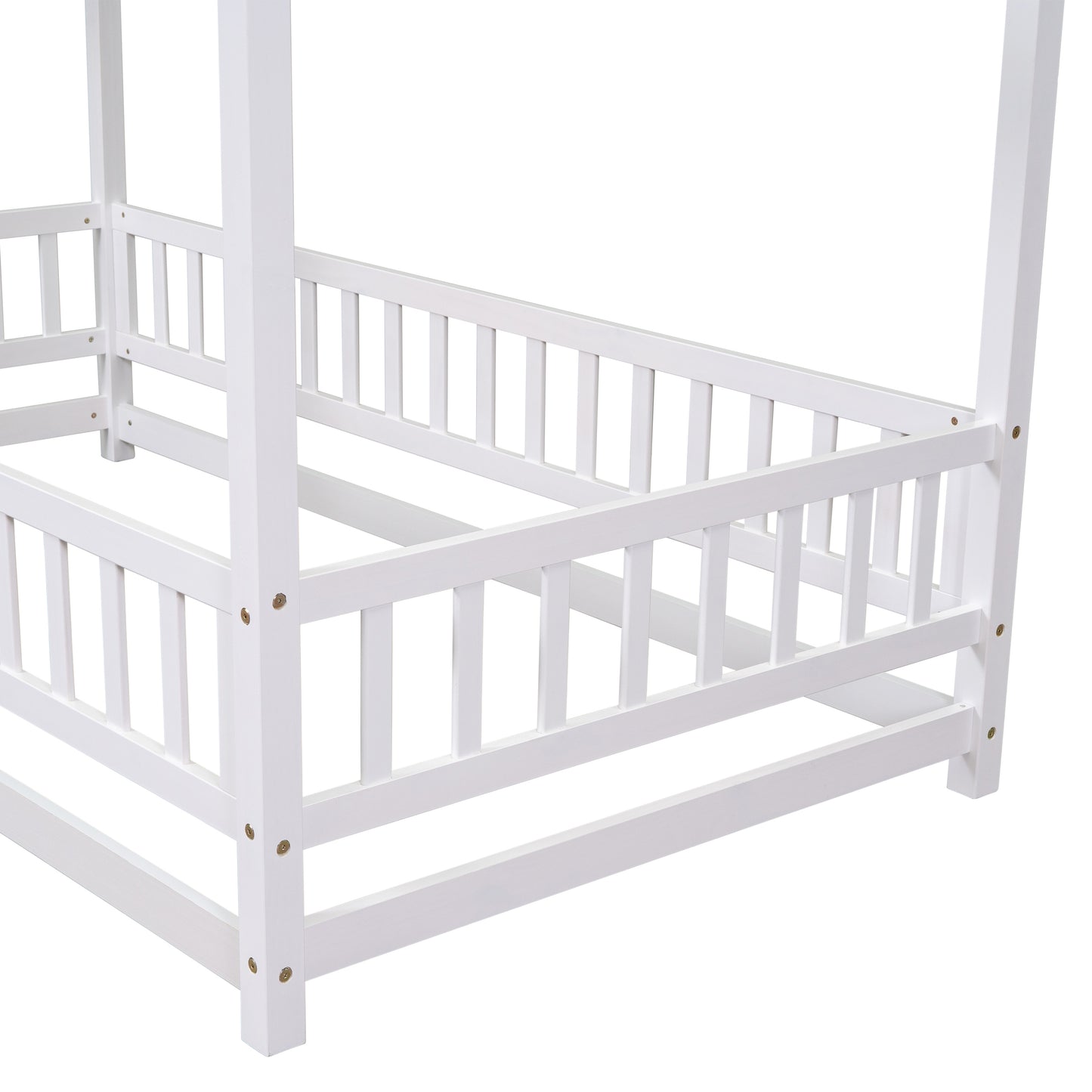 Twin Size Floor Wooden Bed with House Roof Frame, Fence Guardrails,White(Old SKU:W50471472)