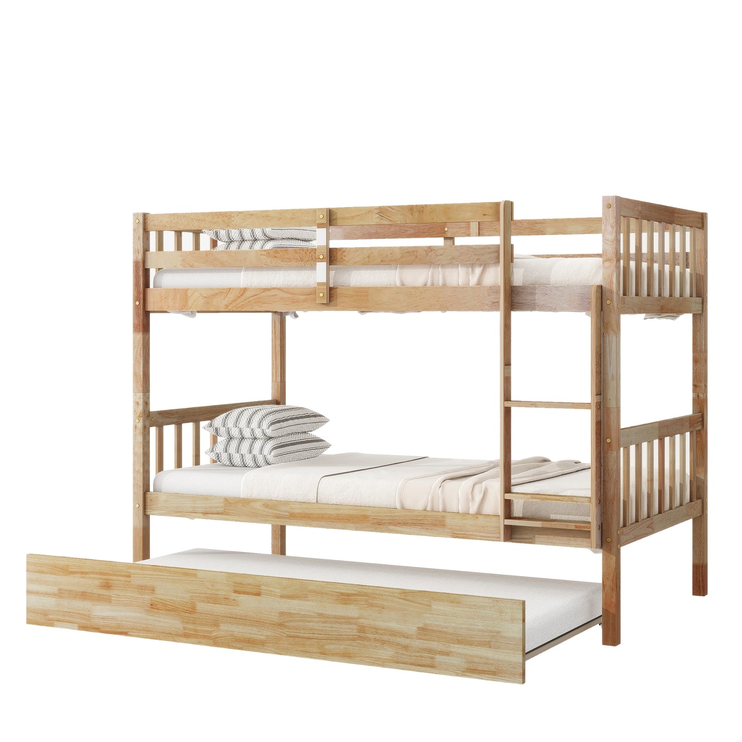 Twin Over Twin Rubber Wood Bunk Bed with Trundle, Convertible into 2 Twin Size Beds, Twin Size Bunk Bed with Ladder and Safety Guardrails,Natural