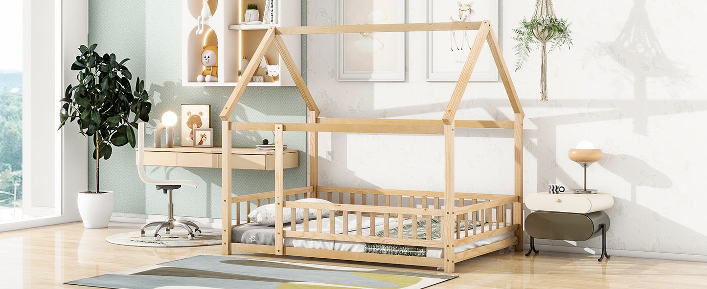 Full Size Floor Wooden Bed with House Roof Frame, Fence Guardrails ,Nartural(Old SKU:W504105242)