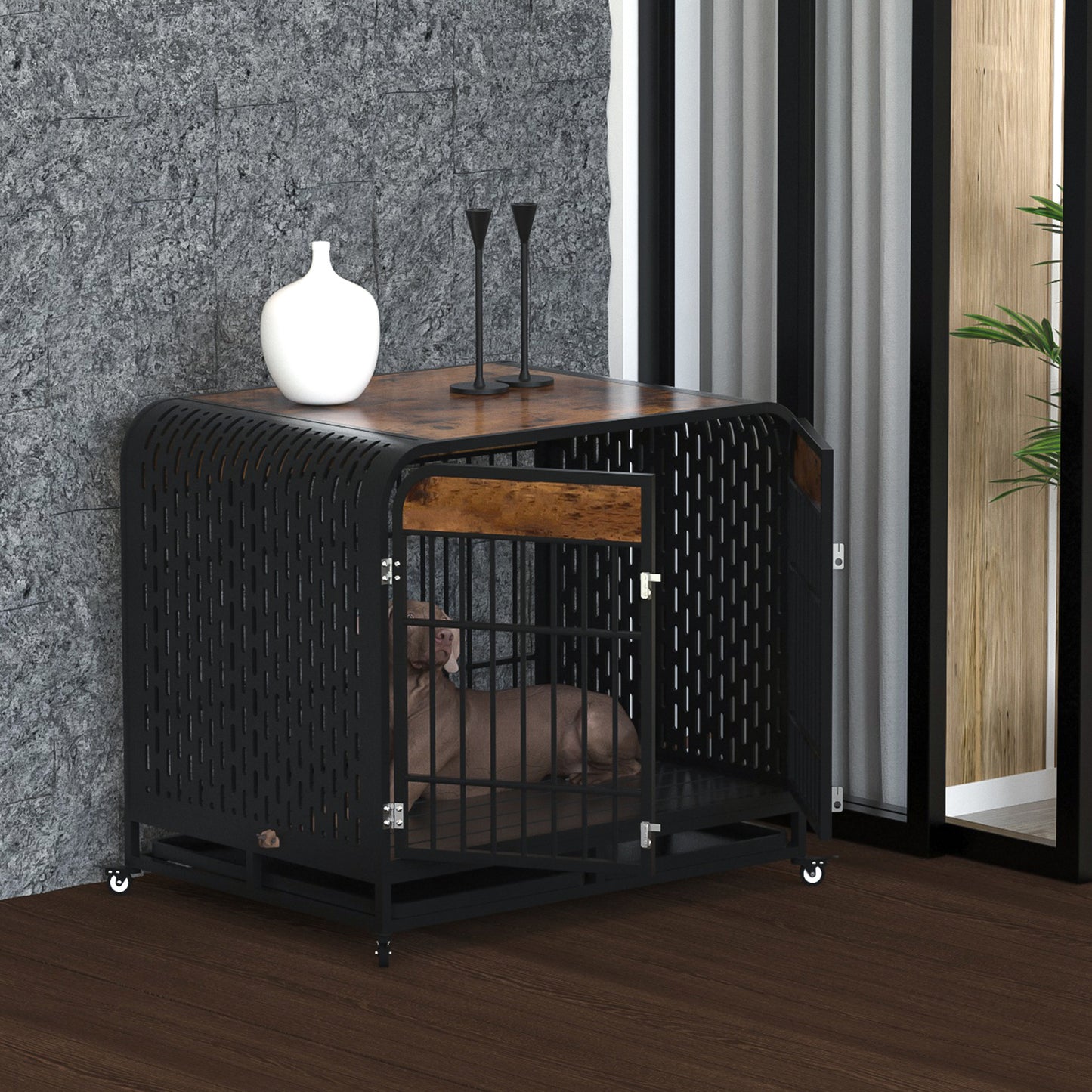 Heavy Duty Dog Crate Furniture Wooden Table Pet Dog Cage Kennel House Indoor Side End Table Decor with Removable Trays and Lockable Wheels for Medium and Large Dogs 42" Brown