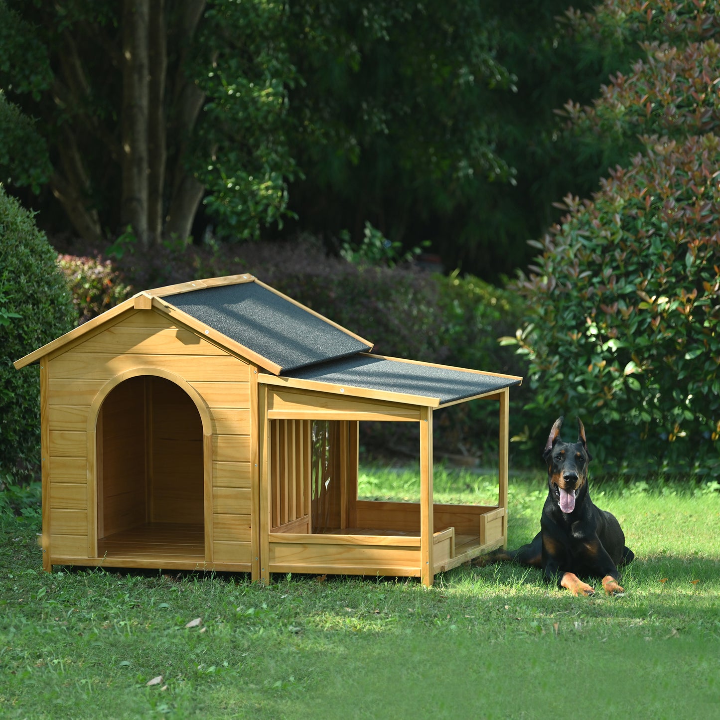 60.2" Large Wooden Dog House with Porch, Cabin Style Dog Crate with Asphalt Roof and Elevated Floor, Dog Kennel with Side Window and Doors, Perfect for Medium & Large Dogs, Nature