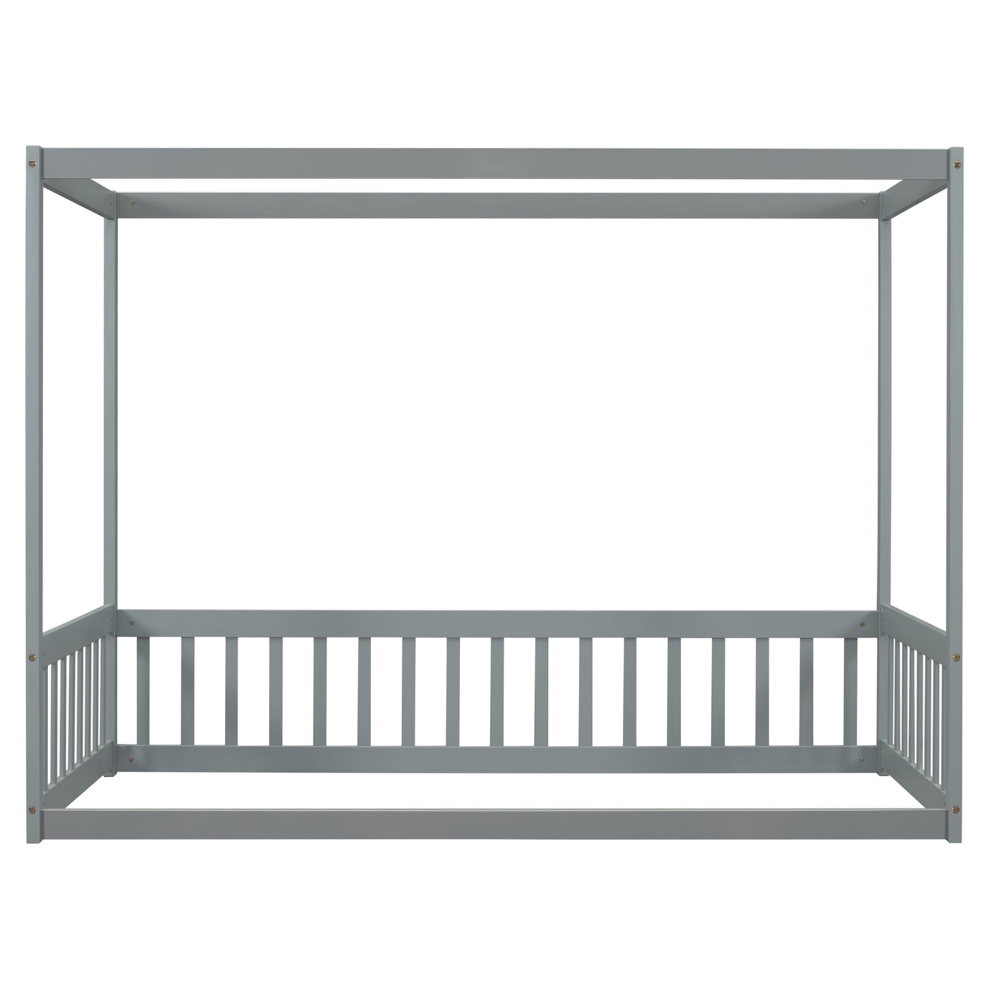 Twin Size Canopy Frame Floor Bed with Fence, Guardrails,Grey