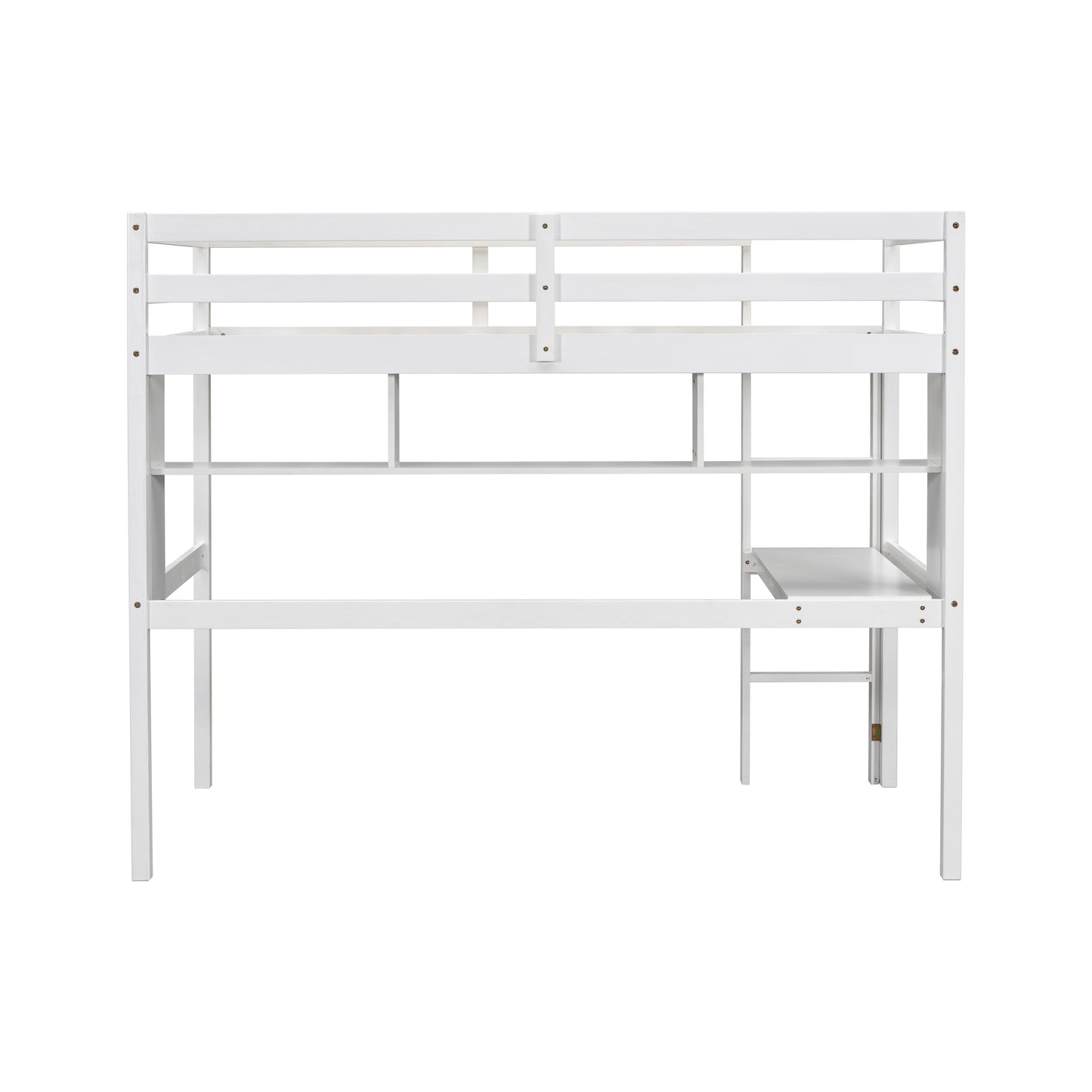 Twin Size Loft Bed with desk and shelves, Safety Guardrail and ladder,White