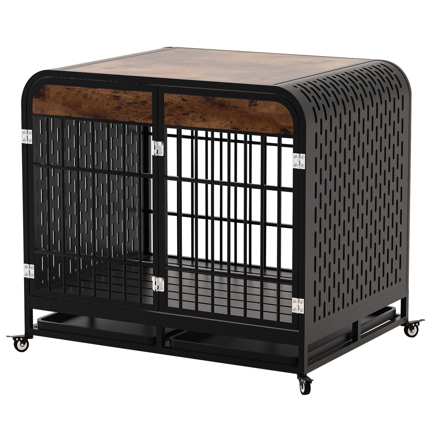 Heavy Duty Dog Crate Furniture Wooden Table Pet Dog Cage Kennel House Indoor Side End Table Decor with Removable Trays and Lockable Wheels for Medium and Large Dogs 42" Brown