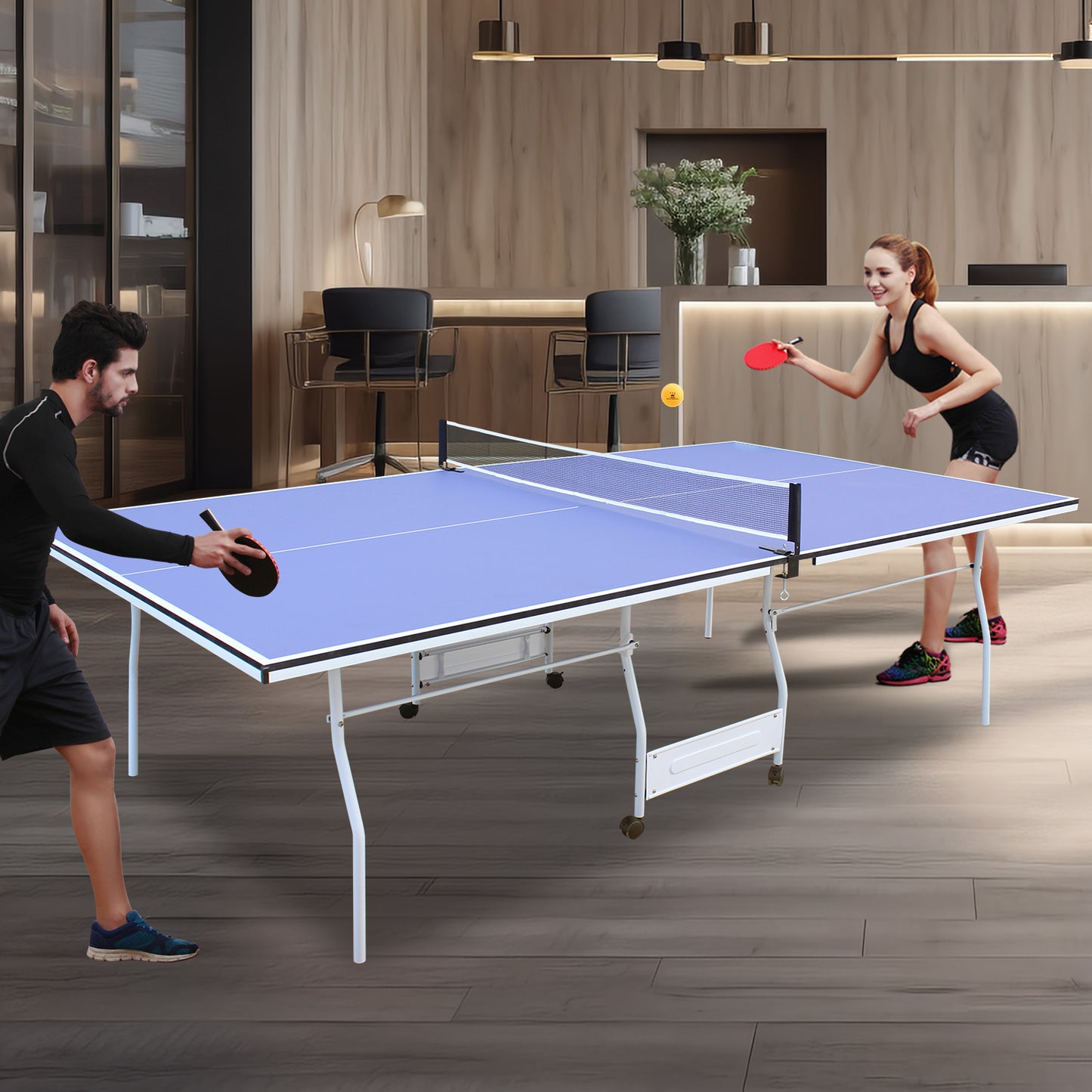 9ft Mid-Size Table Tennis Table Foldable & Portable Ping Pong Table Set for Indoor Games with Net, 2 Table Tennis Paddles and 3 Balls