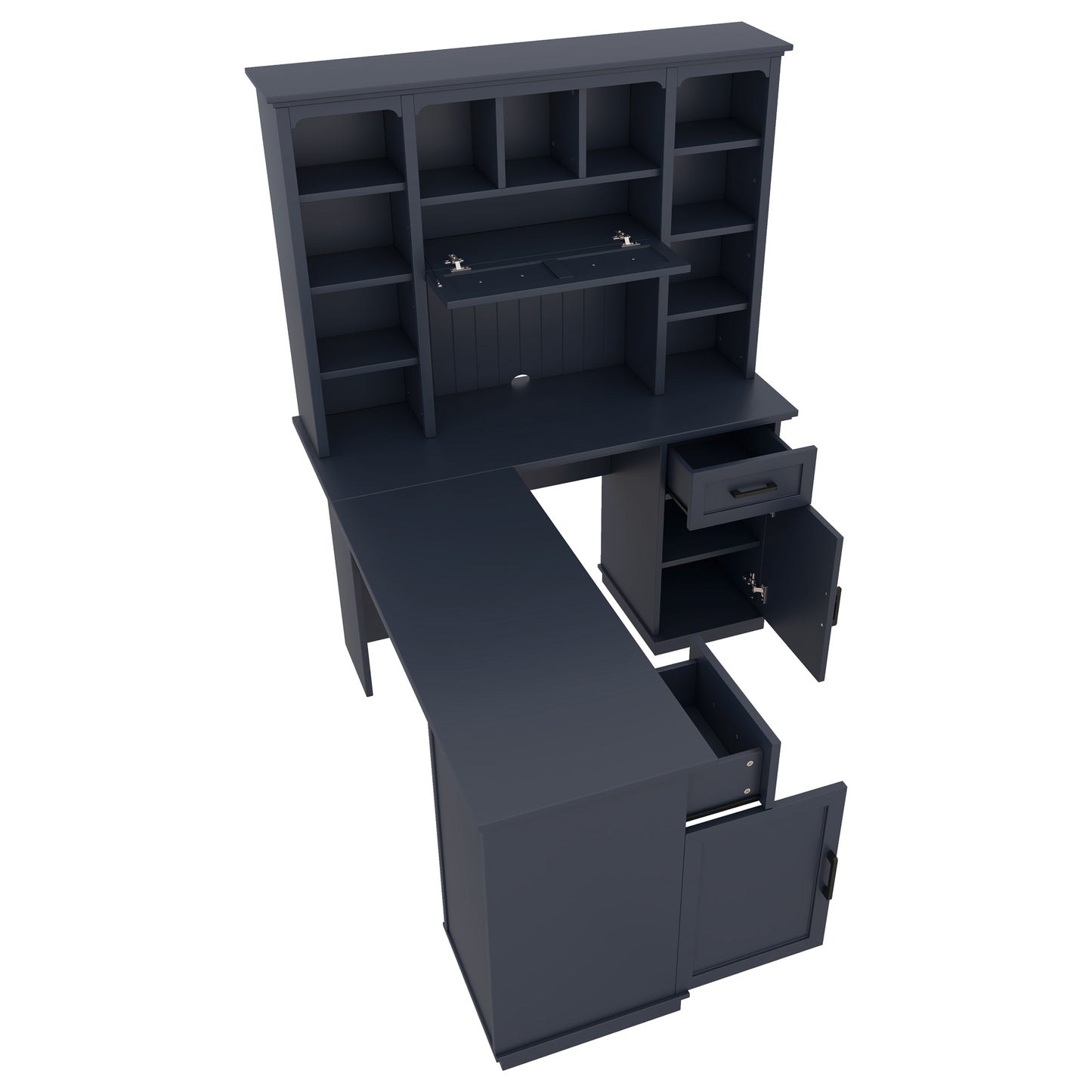 L-shaped computer desk with 2 cabinets and 2 drawers underneath the table, 11 open shelves and a flip-up shelf with storage on the right side, suitable for study, living room and office, Antique Blue