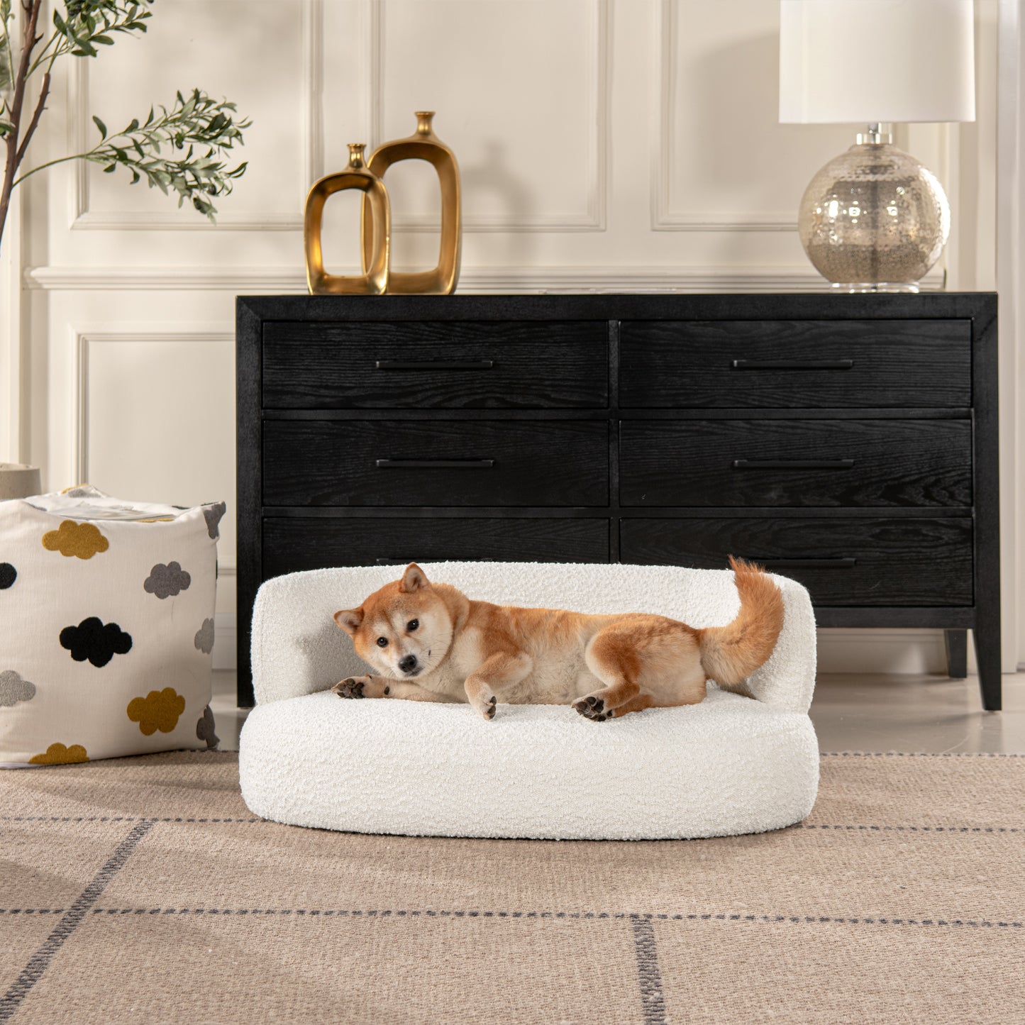 Shep 36" Curved Dog Sofa Bed, Medium, Ivory White Boucle