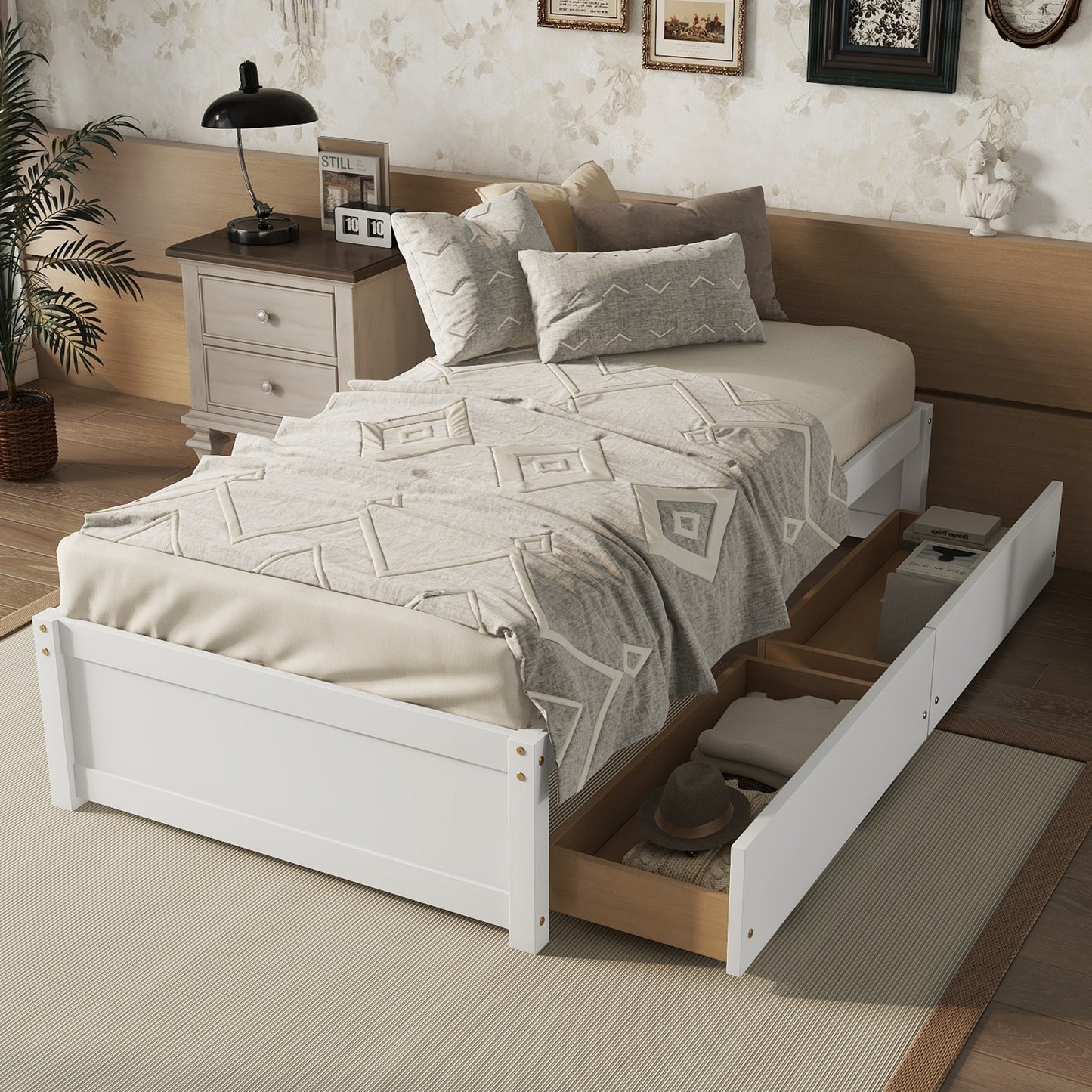 Twin Bed with 2 Drawers, Solid Wood, No Box Spring Needed ,(Old SKU:W50422209)