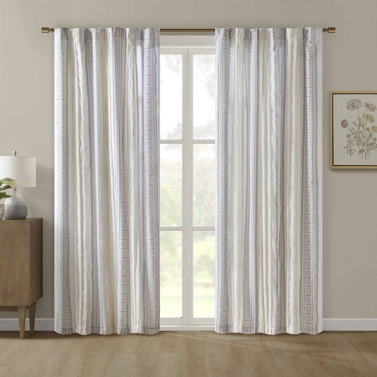 Poly Printed Curtain Panel with Tufted Stripe and Lining White/Brown 50x84'