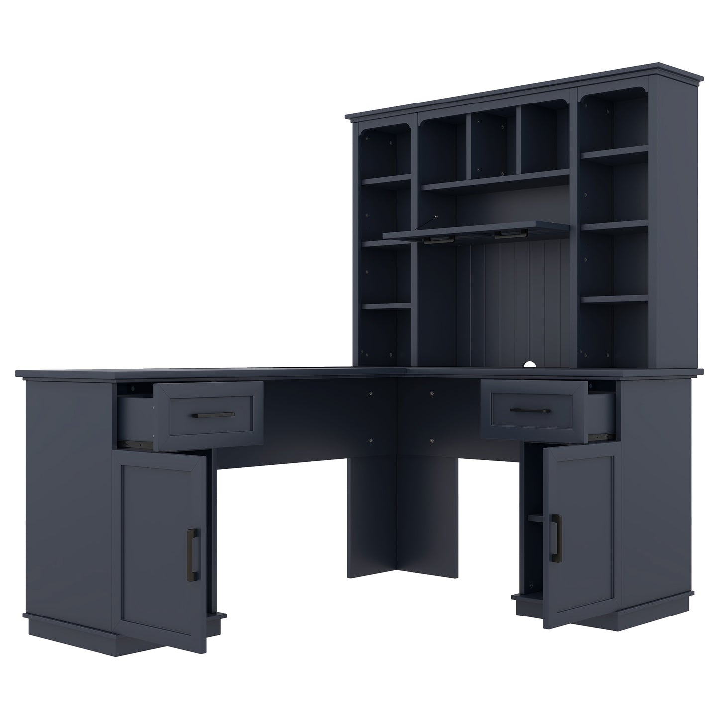 L-shaped computer desk with 2 cabinets and 2 drawers underneath the table, 11 open shelves and a flip-up shelf with storage on the right side, suitable for study, living room and office, Antique Blue