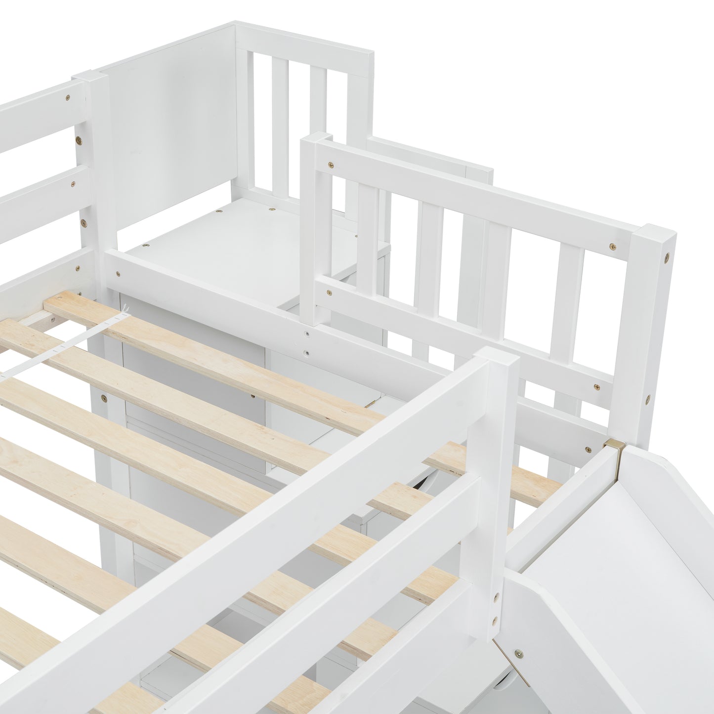 Twin Over Full Bunk Bed with Slide, Storage Staircase, Pine Solid Wooden Bunk Bed with Safety Guardrails,White