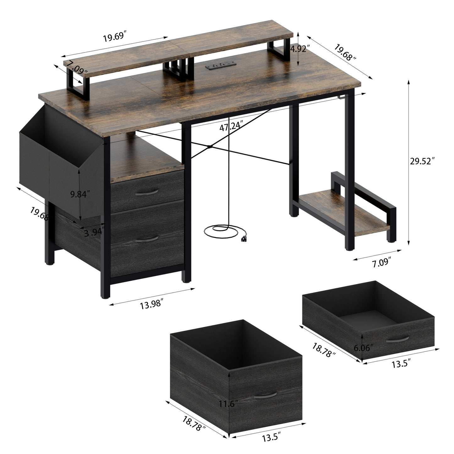 47"office desk with power outlet, 2 Monitor Stands and USB Ports,Gaming Desk with Storage Shelves,2 Fabric Drawers, Large Side Pocket,and hooks for Home Office Study, Rustic Brown