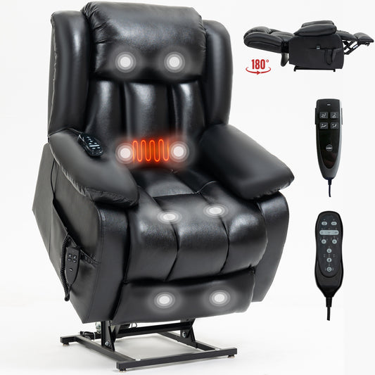 Dual Motor Infinite Position Up to 350 LBS Electric Medium size Genuine Leather Black Power Lift Recliner Chair with 8-Point Vibration Massage and Lumbar Heating