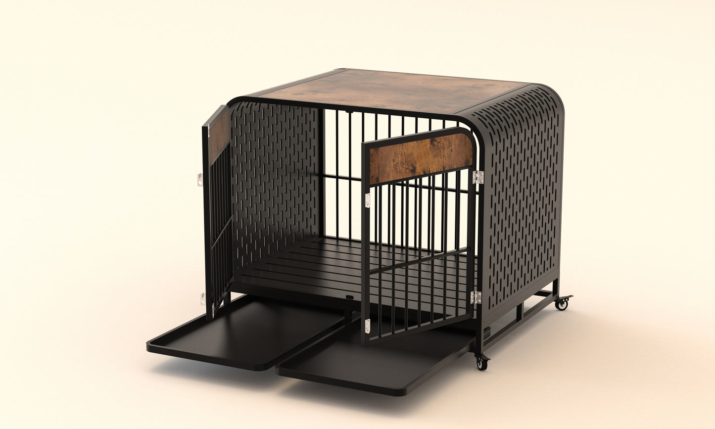 Heavy Duty Dog Crate Furniture Wooden Table Pet Dog Cage Kennel House Indoor Side End Table Decor with Removable Trays and Lockable Wheels for Medium and Large Dogs 42" Brown