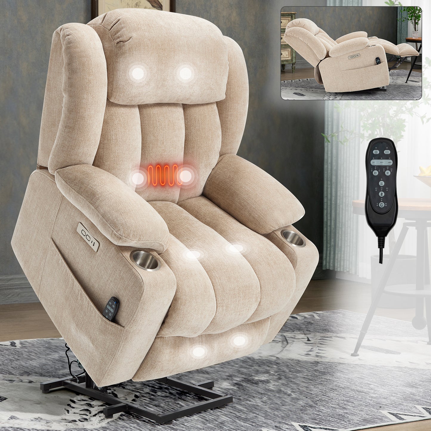 Up to 350 LBS Chenille Power Lift Recliner Chair, Heavy Duty Motion Mechanism with 8-Point Vibration Massage and Lumbar Heating, USB and Type-C Ports, Stainless Steel Cup Holders, Beige