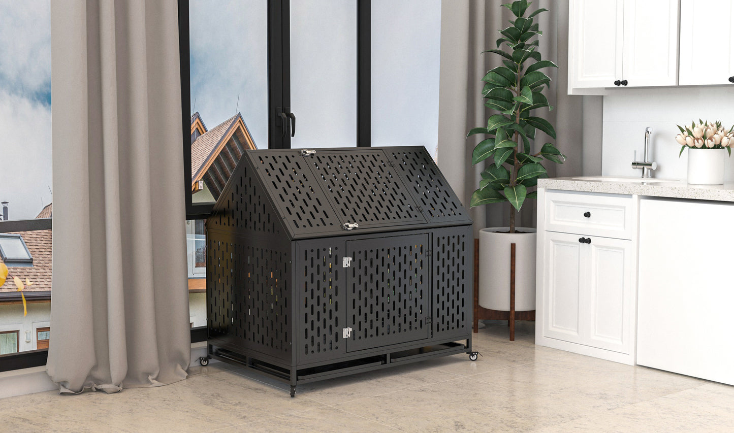 45" Heavy Duty Dog Crate 45 inch Durable Pet Dog Cage Crate Kennel with Roof Top 2 Doors Removable Trays, Lockable Wheels, Escape-Proof for High Anxiety Large/Extra Dogs