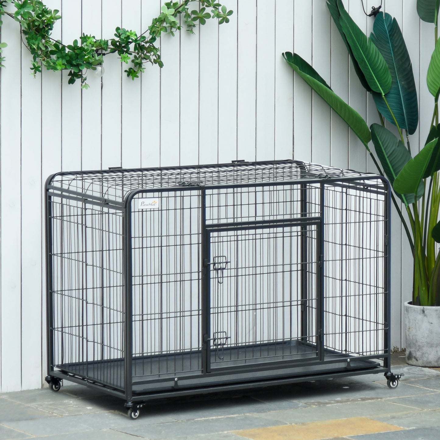 PawHut Folding Design Heavy Duty Metal Dog Cage Crate & Kennel with Removable Tray and Cover, & 4 Locking Wheels, Indoor/Outdoor 37"