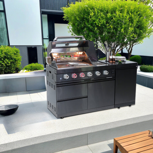 46-Inch 4-Burner 72000 BTU Deluxe Stainless Steel Gas Outdoor Kitchen Bar Barbecue Island Grill + Round Side Burner + Rotisserie kit + Granite Countertops