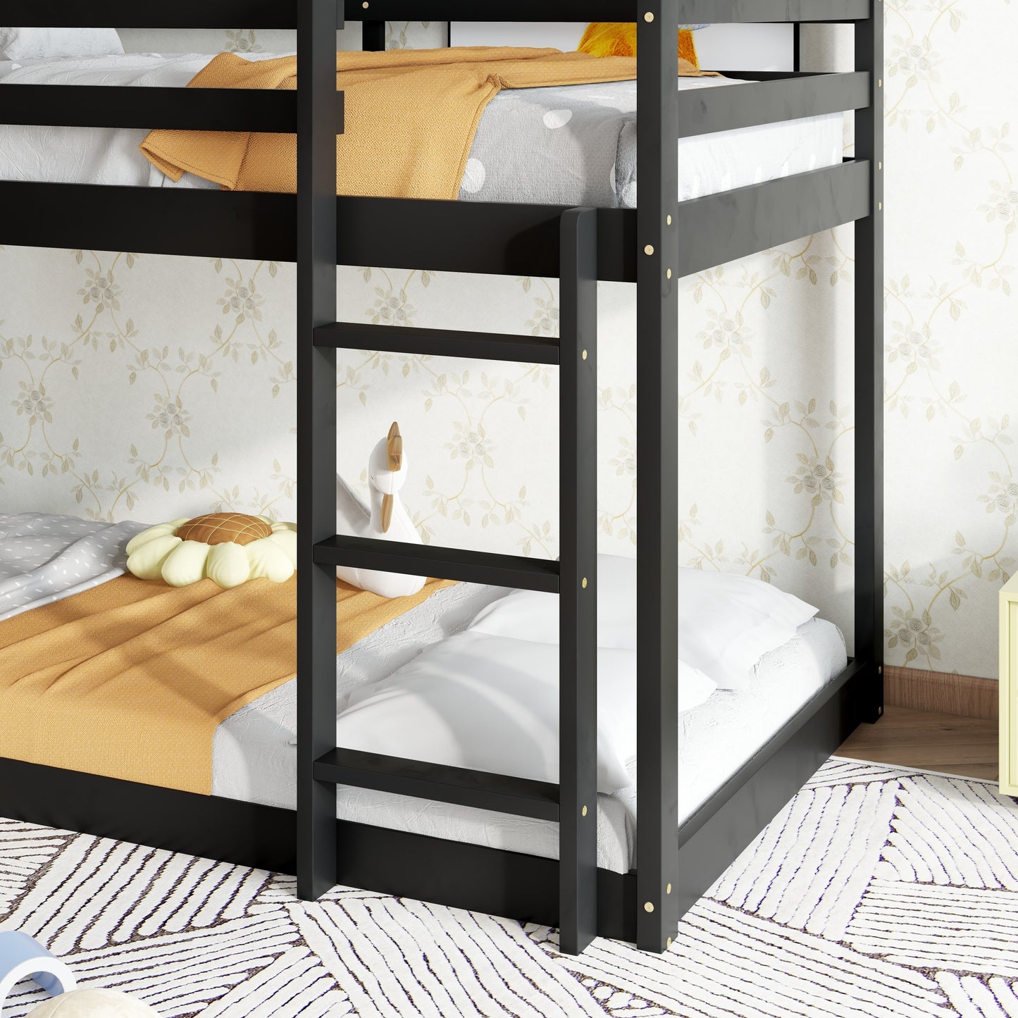 Twin over Twin Rubber Wood Floor Bunk Bed, with ladder,Guardrails,House-Shaped-Bunk Bed, Black