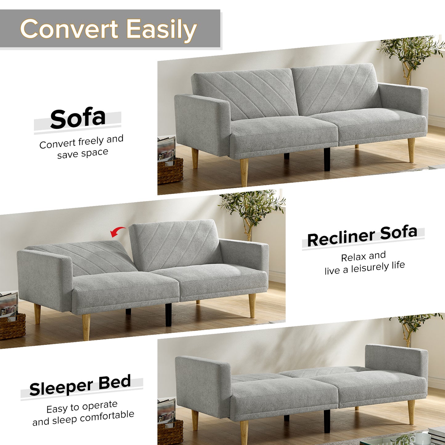 Multi-Functional Futon Sofa Bed :Tapered Wood Legs - Ideal for Small Living Rooms - Multi-Color Fabric Options - Easily Converts to Single Bed,Grey