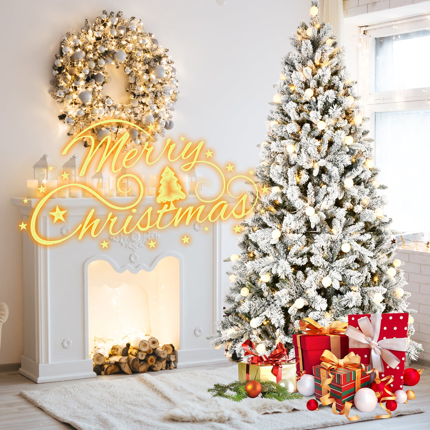 8FT PE+PVC  Floceked Christmas Tree with Easy Power & Memory Wire Technology, 470 Dual-Color LEDs With 10 Function, G45 Bulbs, and 1793 Tips , Innovative Holiday Experience!