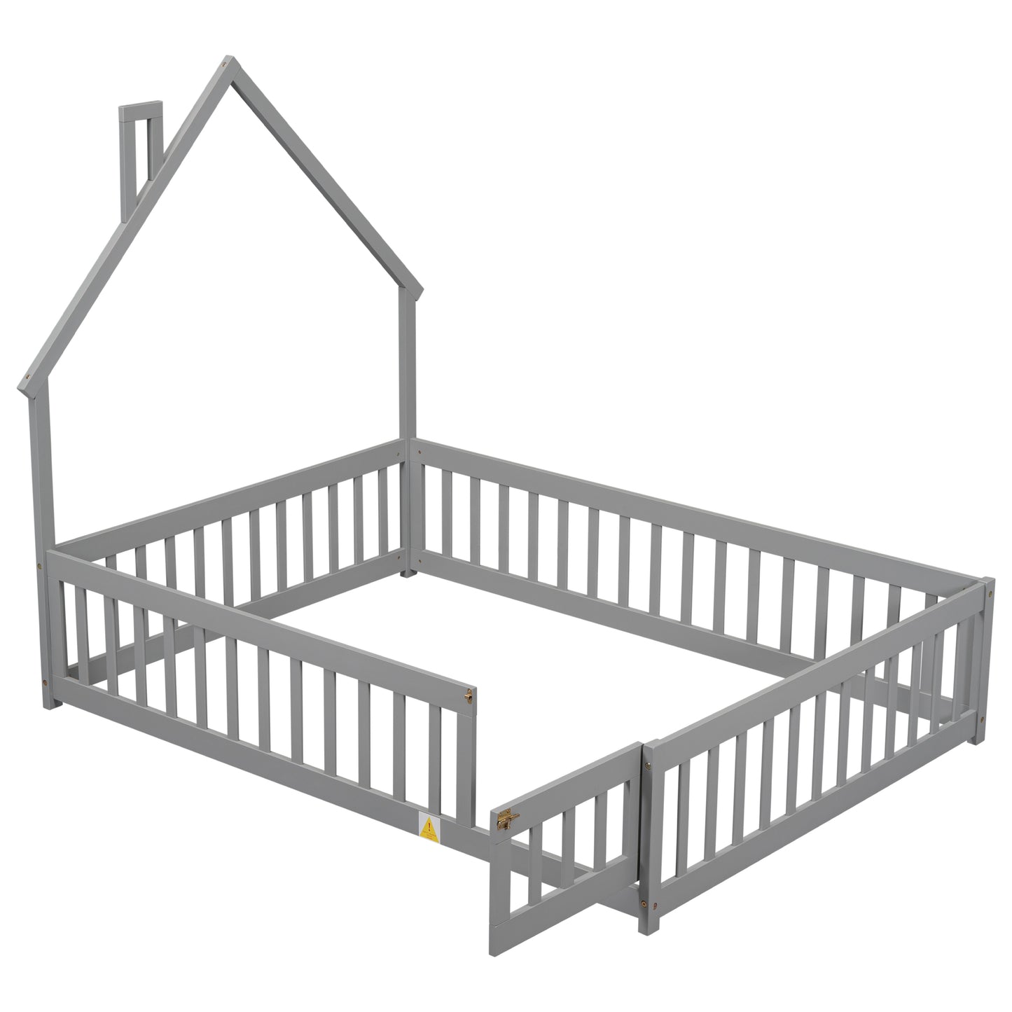 Full House-Shaped Headboard Floor Bed with Fence ,Grey