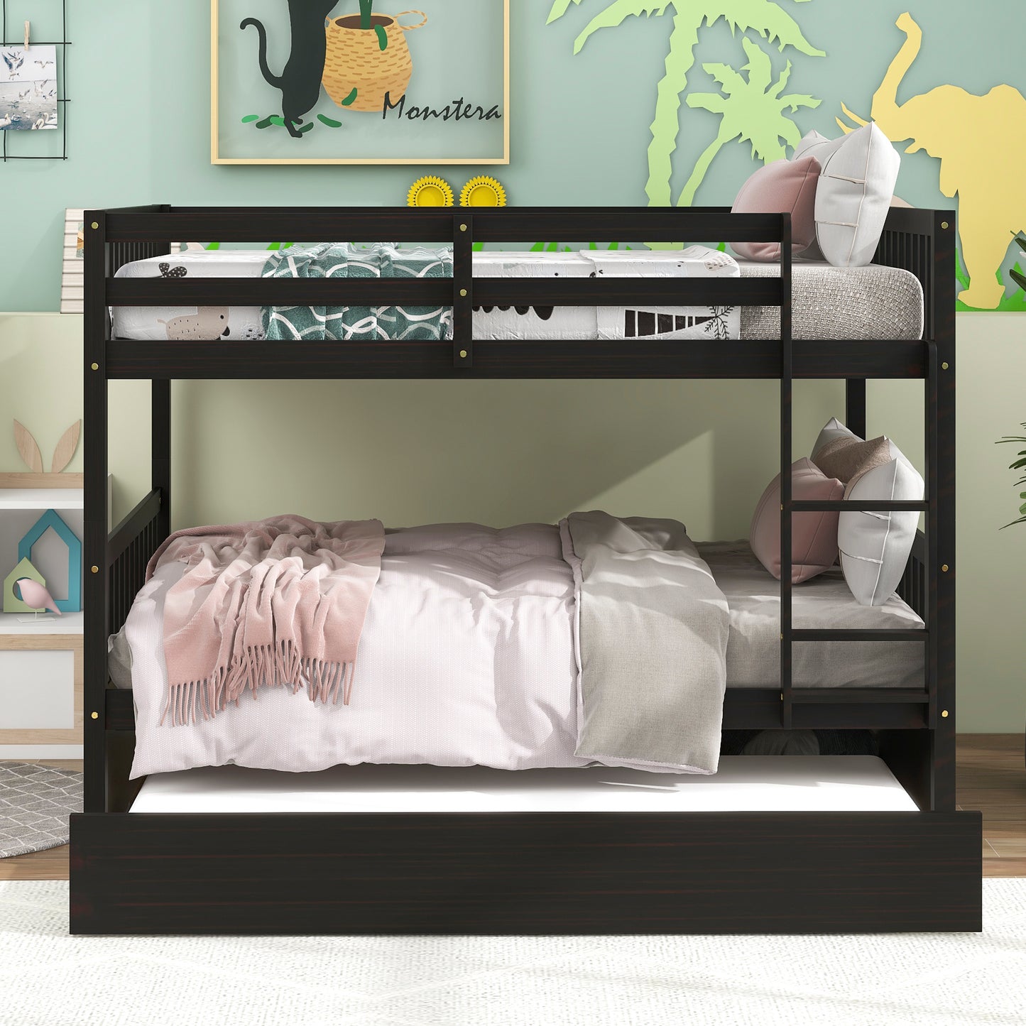 Full Over Full Bunk Bed with Trundle,Espresso