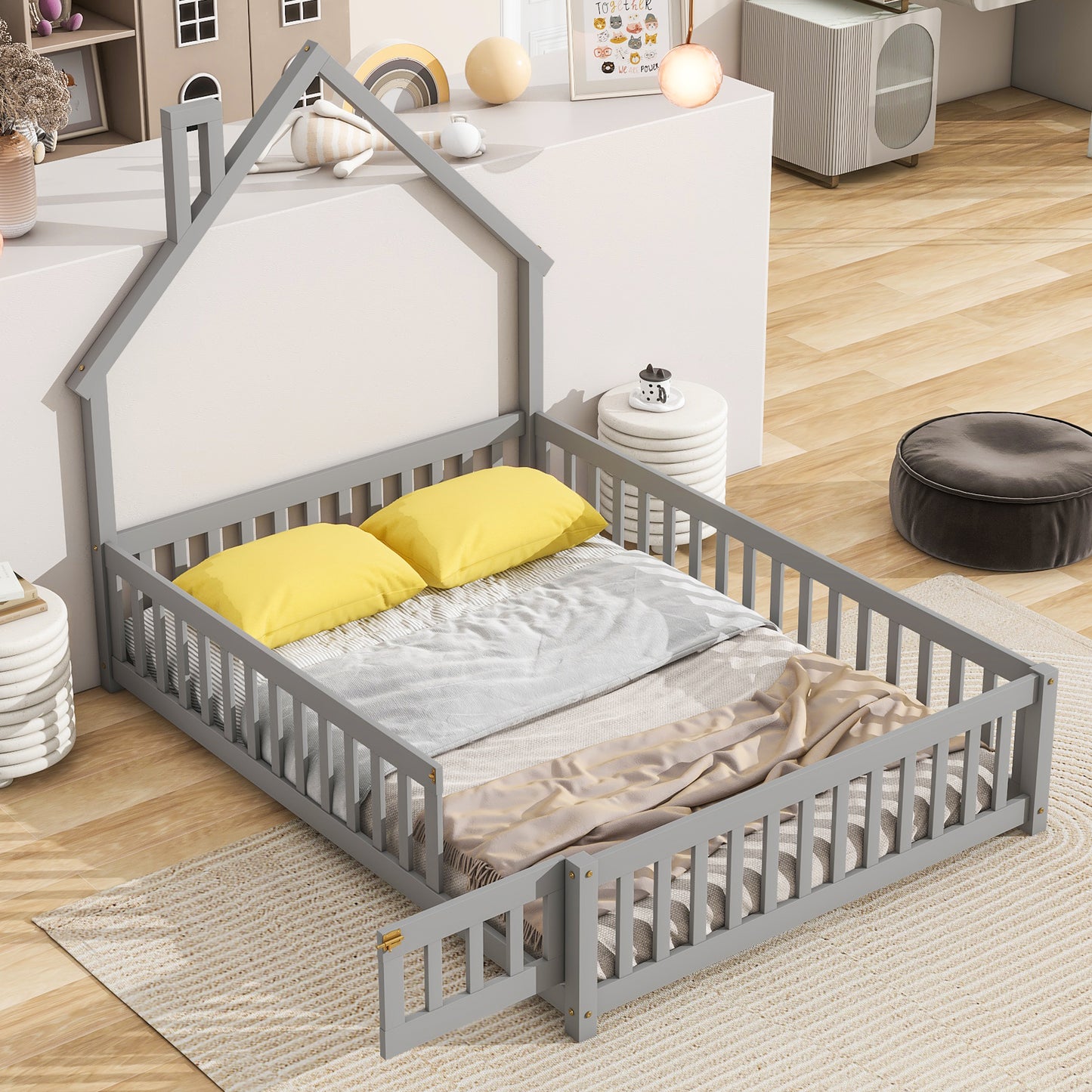 Full House-Shaped Headboard Floor Bed with Fence ,Grey