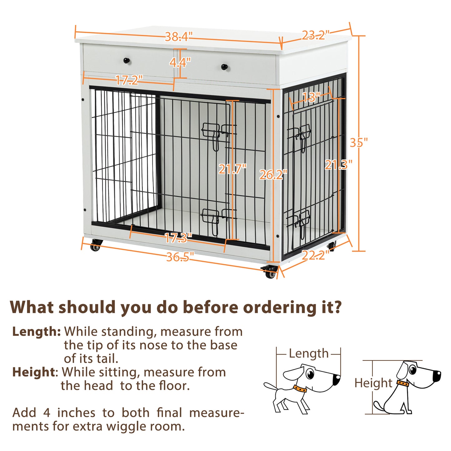 Dog Crate Furniture, Wooden Dog Crate End Table, 38.4 Inch Dog Kennel with 2 Drawers Storage, Heavy Duty Dog Crate, Decorative Pet Crate Dog Cage for Large Indoor Use (White) 38.4" L×23.2" W×35" H