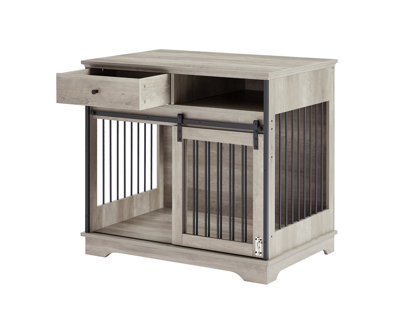 Sliding door dog crate with drawers. Grey,35.43'' W x 23.62'' D x 33.46'' H