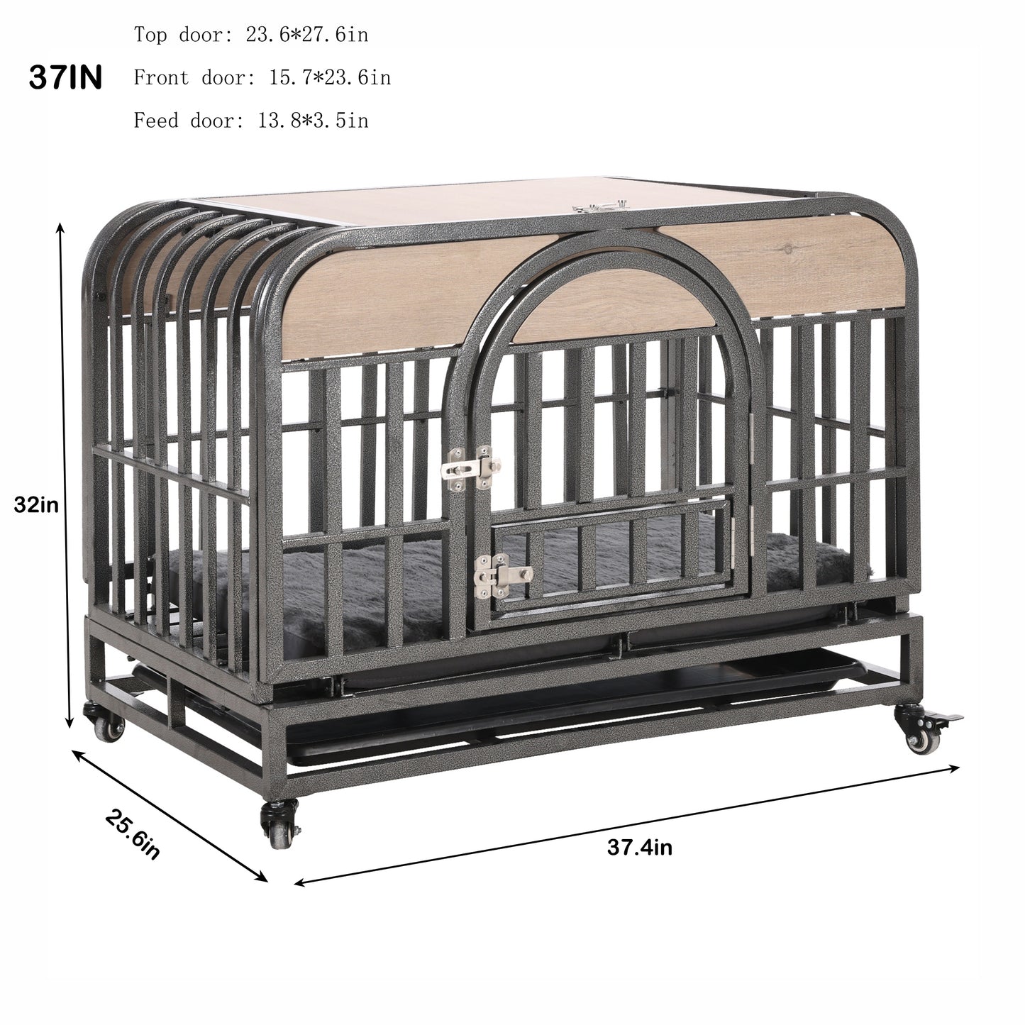 37in Heavy Duty Dog Crate, Furniture Style Dog Crate with Removable Trays and Wheels for High Anxiety Dogs