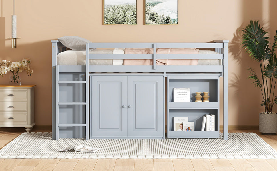 Twin Loft Bed with Storage Cabinet, Drawer and Shelf Cabinet and Pulling-Out Desk, Rubber Wood Loft Bed with Safety Guardrail, Ladder,Grey