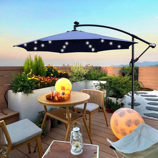 10 ft Outdoor Patio Umbrella Solar Powered LED Lighted Sun Shade Market Waterproof 8 Ribs Umbrella with Crank and Cross Base for Garden Deck Backyard Pool Shade Outside Deck Swimming Pool