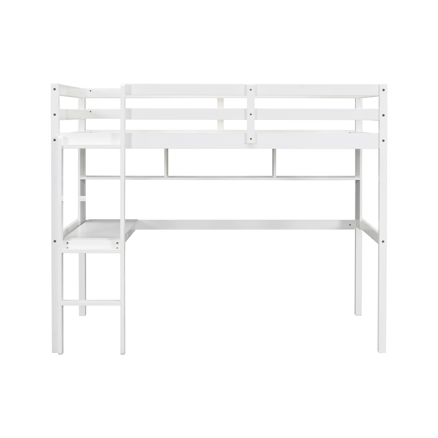 Twin Size Loft Bed with desk and shelves, Safety Guardrail and ladder,White