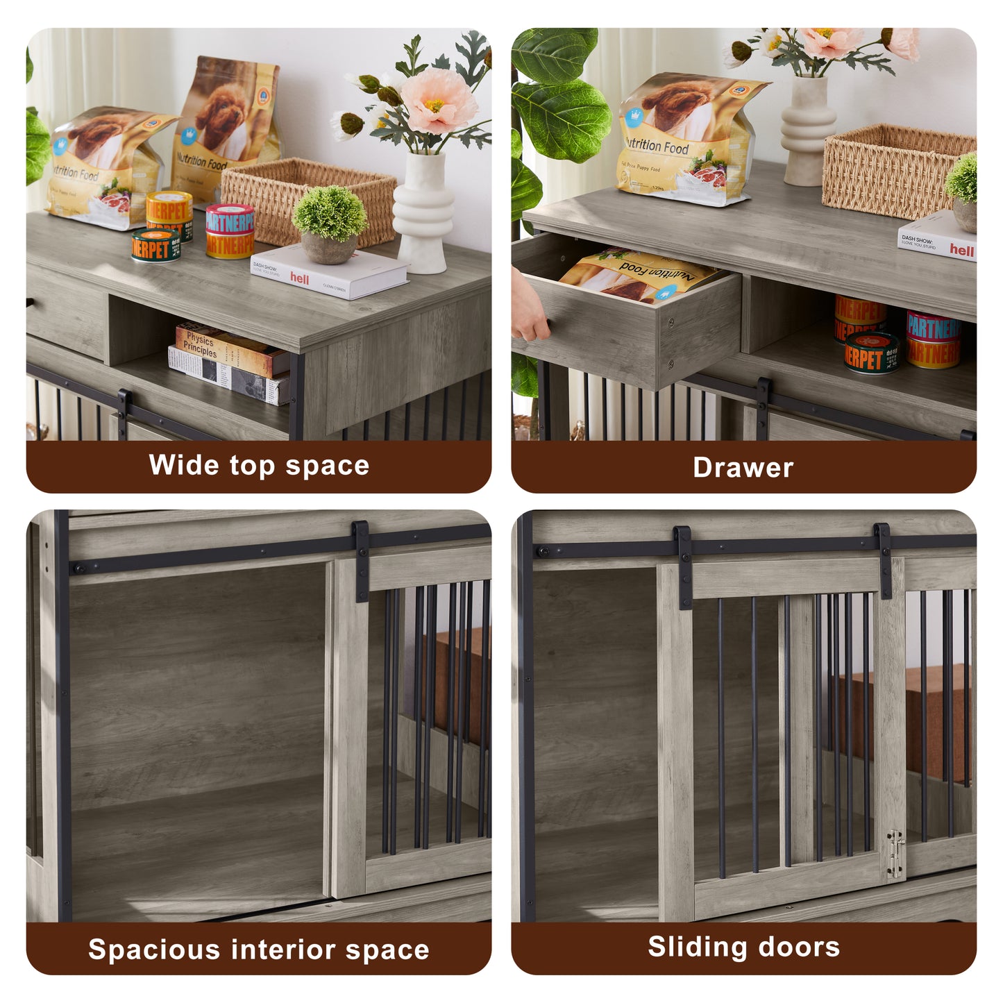 Sliding door dog crate with drawers. Grey,35.43'' W x 23.62'' D x 33.46'' H