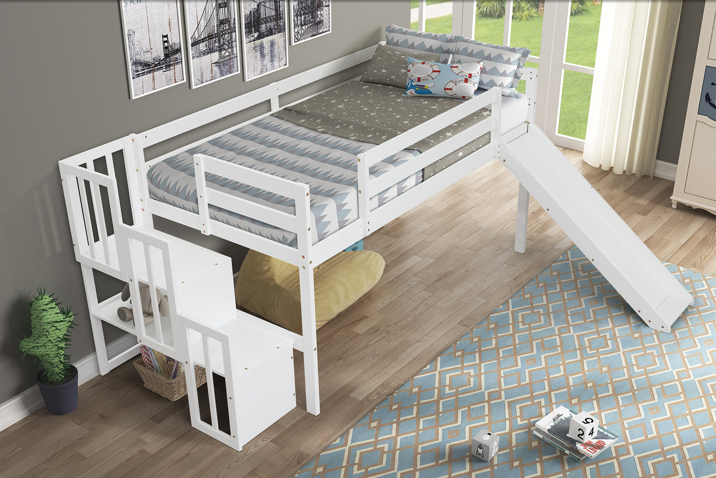 Loft Bed with Staircase, Storage, Slide, Twin size, Full-length Safety Guardrails, No Box Spring Needed, White (Old Sku:W504S00004)