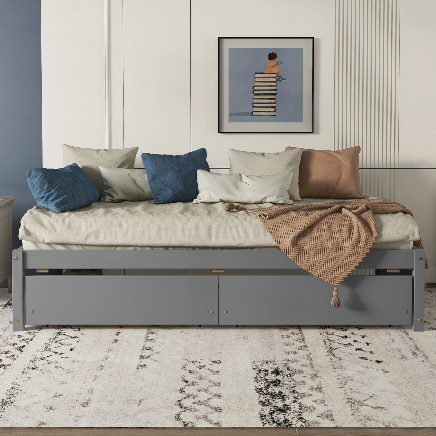 Twin Bed with 2 Drawers, Solid Wood, No Box Spring Needed ,Grey(Old SKU:W50422208)