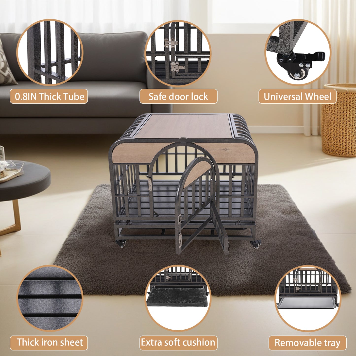 46in Heavy Duty Dog Crate, Furniture Style Dog Crate with Removable Trays and Wheels for High Anxiety Dogs