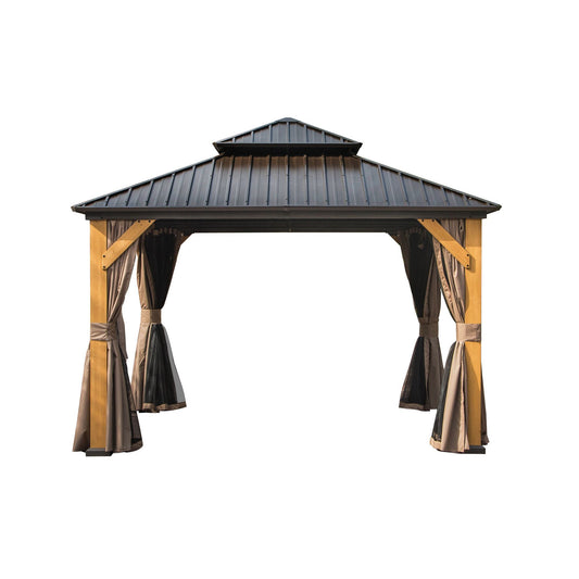 12'x12' Hardtop Gazebo, Outdoor Cedar Wood Frame Canopy with Galvanized Steel Double Roof, Outdoor Permanent Metal Pavilion with Curtains and Netting for Patio, Backyard and Lawn(Brown)