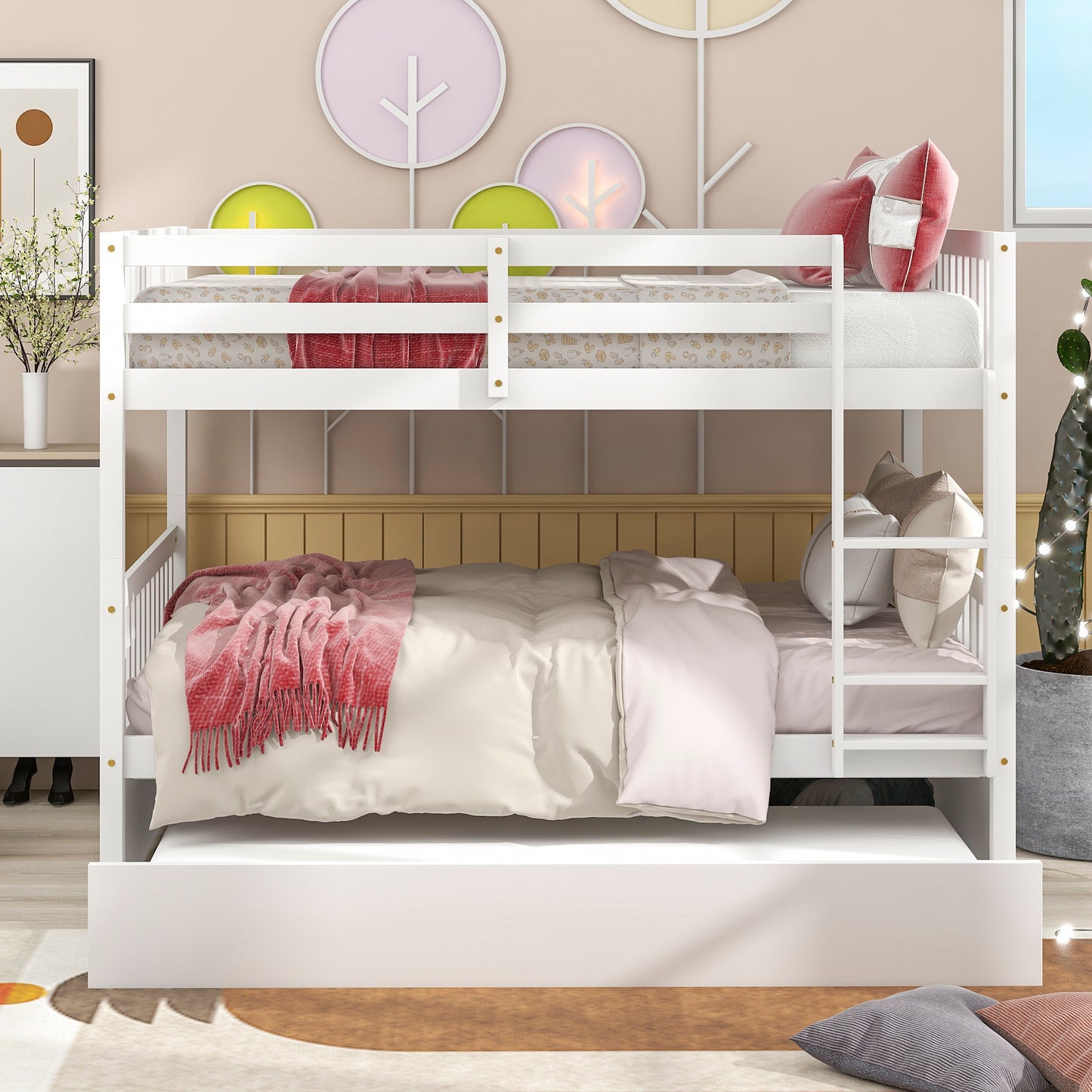 Full Over Full Bunk Bed with Trundle, Convertible to 2 Full Size Platform Bed, Full Size Bunk Bed with Ladder and Safety Rails for Kids, Teens, Adults,White(New Sku:W504S00212)