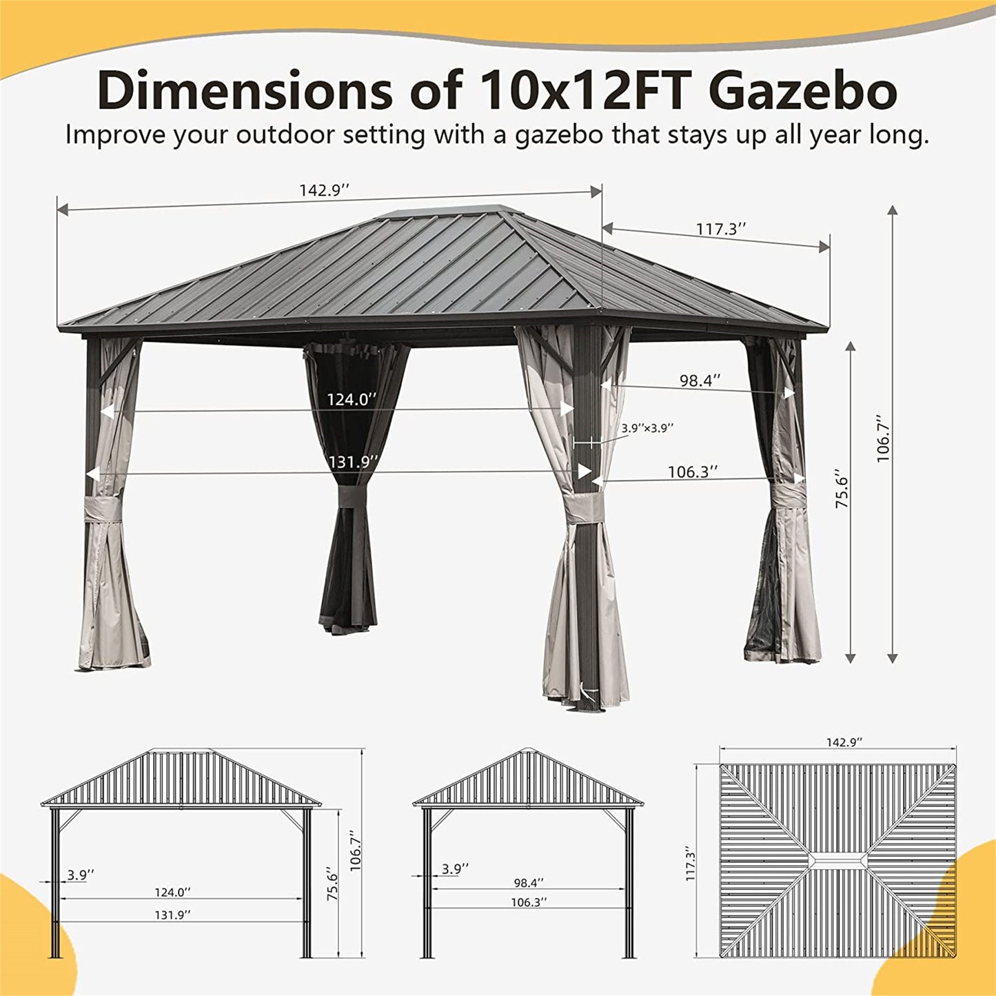 10'x12' Permanent Outdoor Galvanized Steel Roof Gazebo with Aluminum Frame, Pavilion Metal Gazebos with Netting & Curtains for Garden, Patios, Lawns, Parties(Dark Brown)