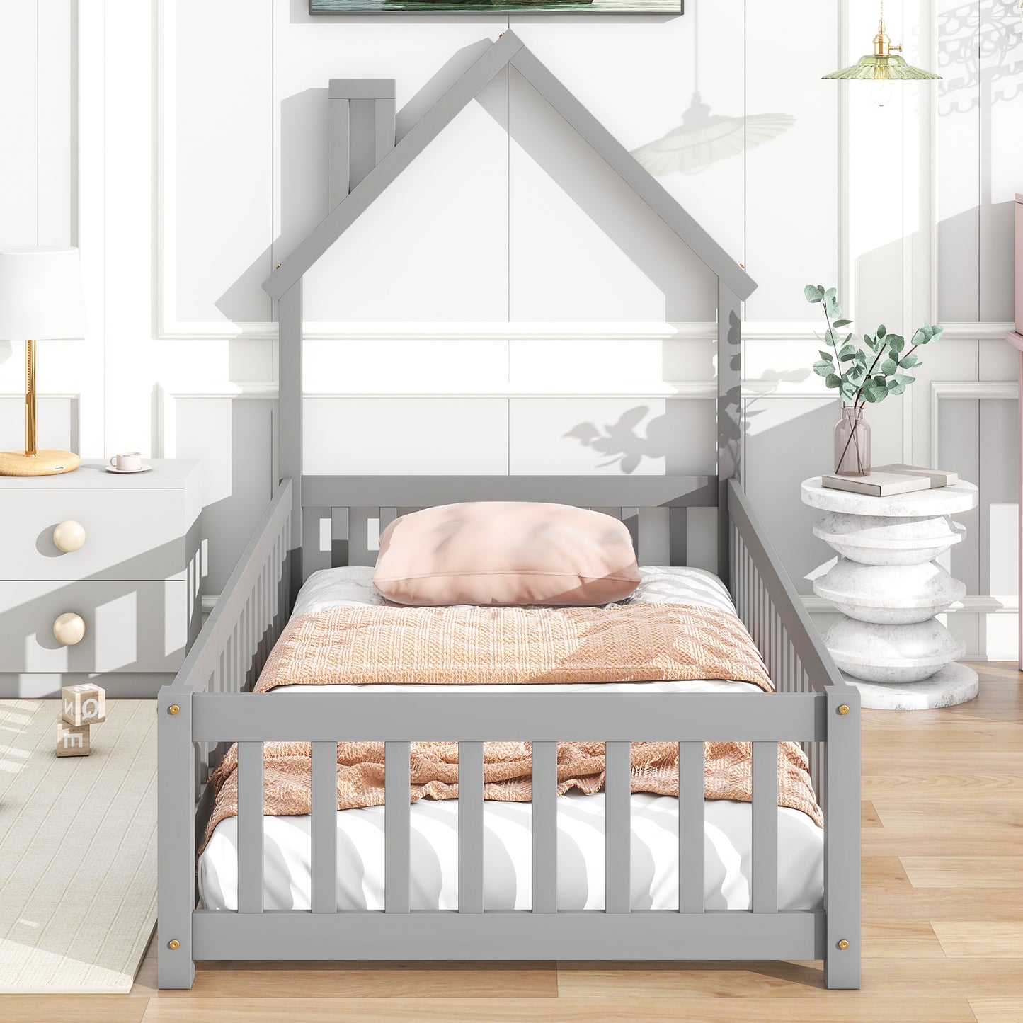 Twin House-Shaped Headboard Floor Bed with Fence,Grey