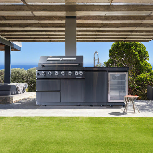 43-Inch 6-Burner 85000 BTU Deluxe Stainless Steel Gas Outdoor Kitchen Bar Barbecue Island Grill + Wine Cooler Compact Refrigerator + Rotisserie kit + Granite Countertops + Stainless steel Sink